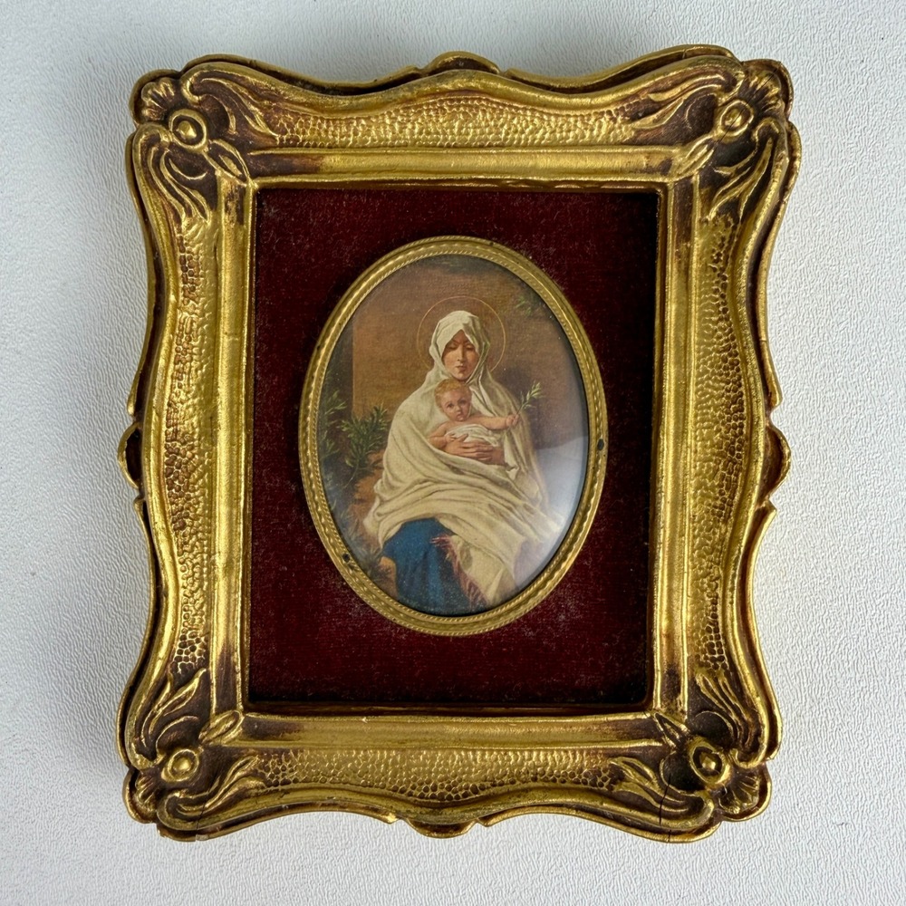 Madonna and Child Framed Religious Art Gold Ornate Velvet Matting Vintage
